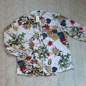 NWT Coofandy Cotton Linen Floral Henley Shirt XL